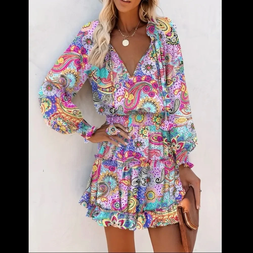 Colorful Paisley Print Women's V-Neck Dress - Picture 3 of 8